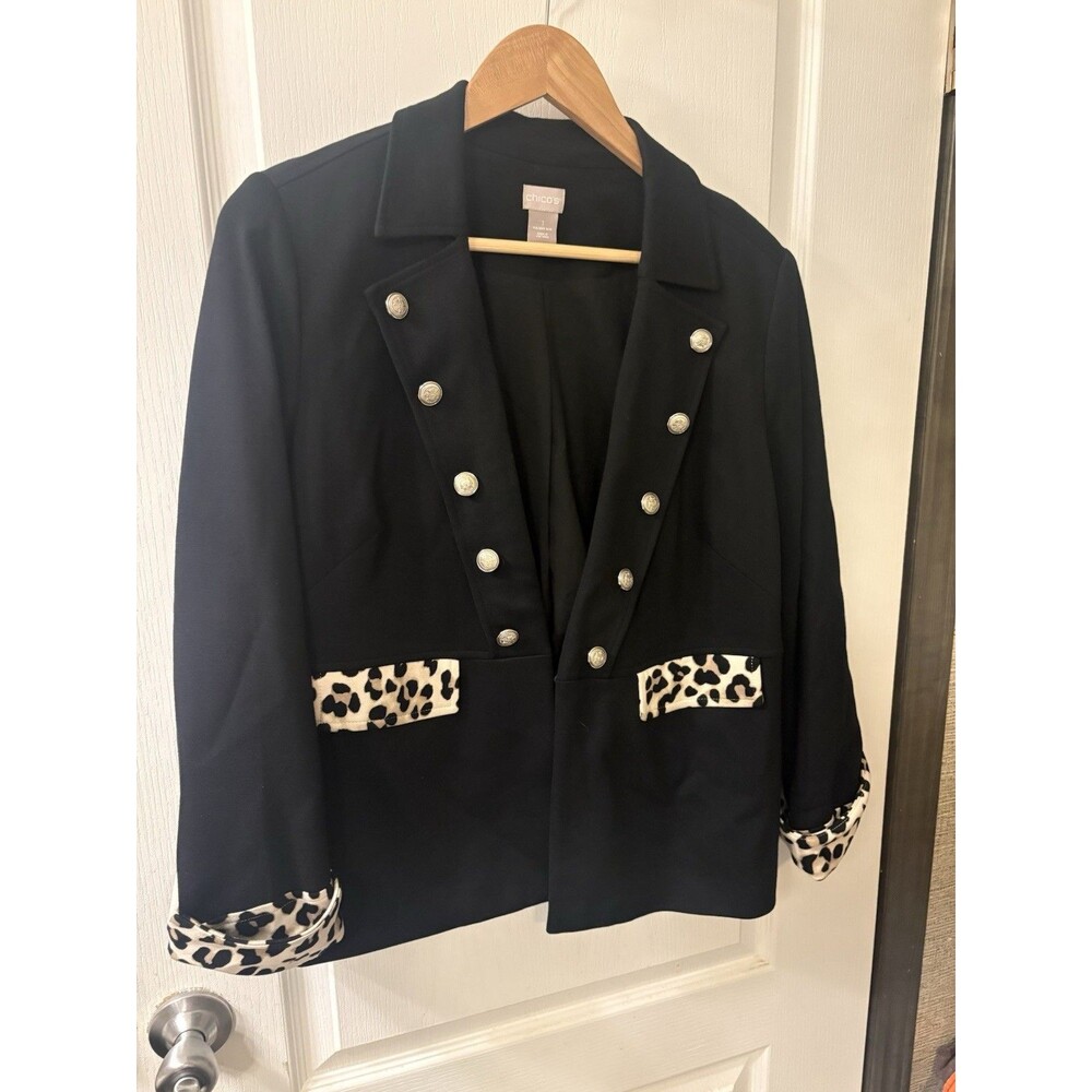 Chico's Black Blazer Animal Print Trim Silver Buttons Size 1 (8/10) Long Sleeve